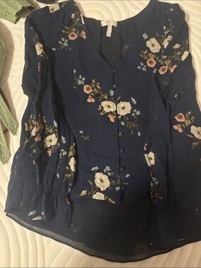 Joie Navy Floral V-Neck Button Blouse with Pink & Cream Blooms